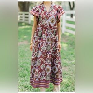entro Brown Floral-Print Short Sleeve Dress with Lavender Accents